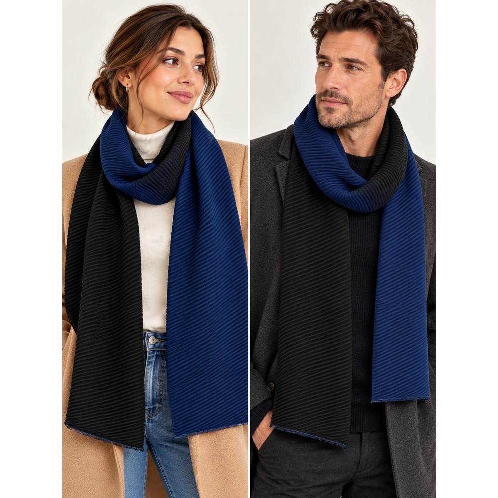 Lands' End Reversible Scarf Navy Black Ribbed Unisex Oversized 76" x 19" Wint